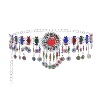 N-8282  Random colour Bohemian Colorful Acrylic Flower Women Belt Body Chain Inlaid Fan Metal Carved Silver Women's Fashion Waistchain