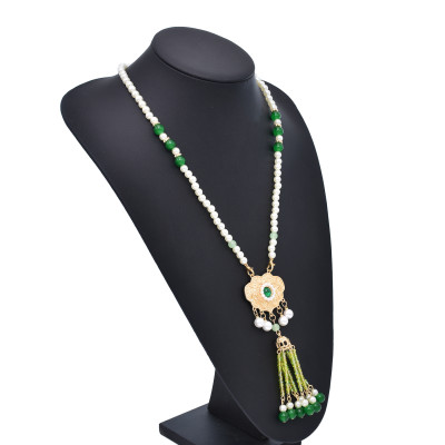 N-8280 New Red Bohemian Ethnic Style Women's Pearl Long Necklace with Rice Beads and Tassels