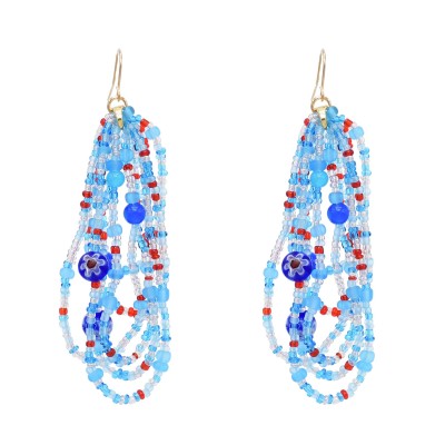 E-6689 New Fashion Flower Blue Rice Beaded Long Earrings for Women