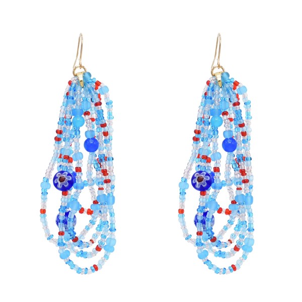 E-6689 New Fashion Flower Blue Rice Beaded Long Earrings for Women