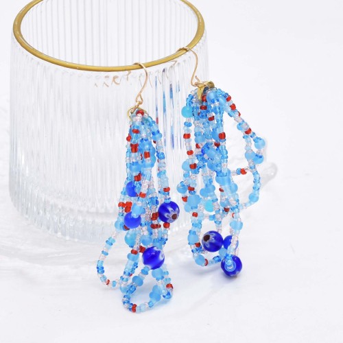 E-6689 New Fashion Flower Blue Rice Beaded Long Earrings for Women