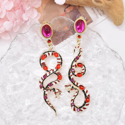 E-6693 Asymmetrical Snake Dangle Earrings Enamel Rhinestone Red Green Snake Pendant Earrings