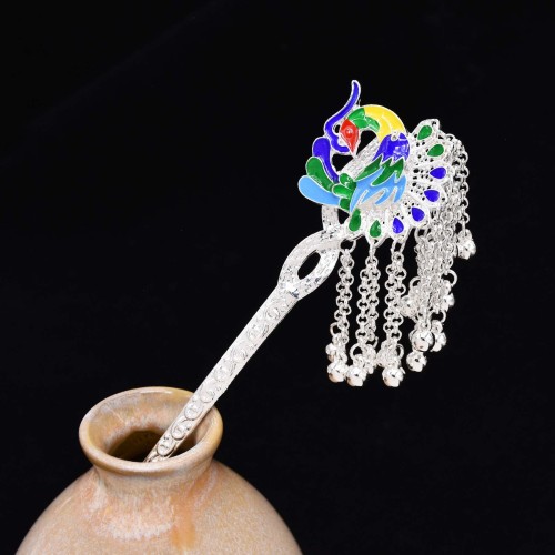 F-1155 Silver Plated Peacock Long Chain Tassel Hairpin for Women