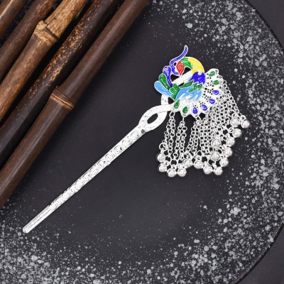 F-1155 Silver Plated Peacock Long Chain Tassel Hairpin for Women