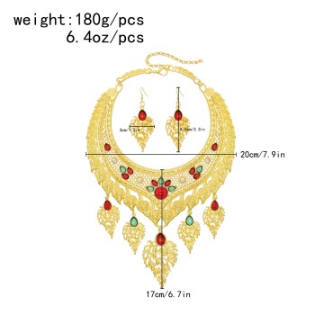 N-8292 Arabic Ethnic Fashion Golden Color Leaf Tassel Bride Wedding Necklace Earring Jewelry Sets