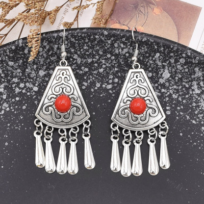 E-6708 Retro Bohemian Ethnic Style Fashion Red/Green Acrylic Inlaid Droplet Metal Tassel Women's Earrings