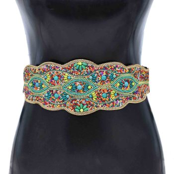 N-8296 Flower  Colorful Rice Bead Women Belt Ethnic Statement Wide Elastic Body Belt for Girls Women Dancing