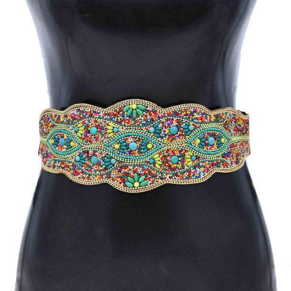 N-8296 Flower  Colorful Rice Bead Women Belt Ethnic Statement Wide Elastic Body Belt for Girls Women Dancing