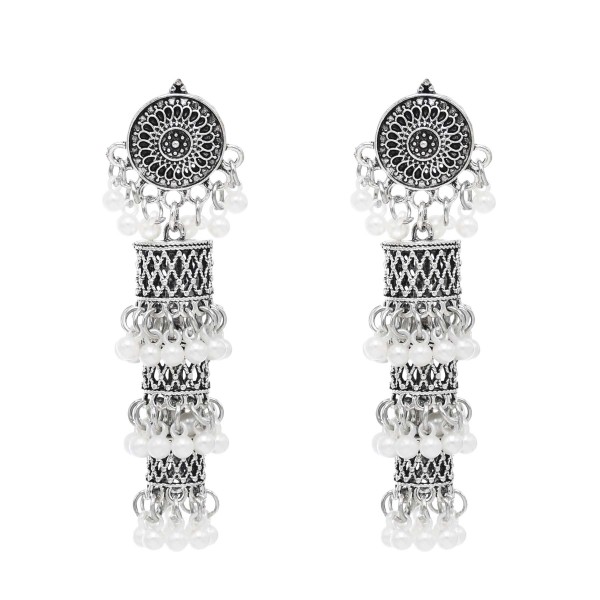 E-6713 3 Layer Vintage Silver Indian Pearl Tassel Pendant Long Earrings for Women