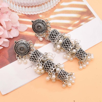 E-6713 3 Layer Vintage Silver Indian Pearl Tassel Pendant Long Earrings for Women