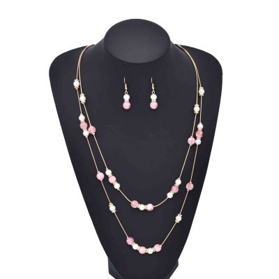N-8297 Fashion Fairy Pink White Acrylic Beads Necklace Earrings Jewelry Set for Women