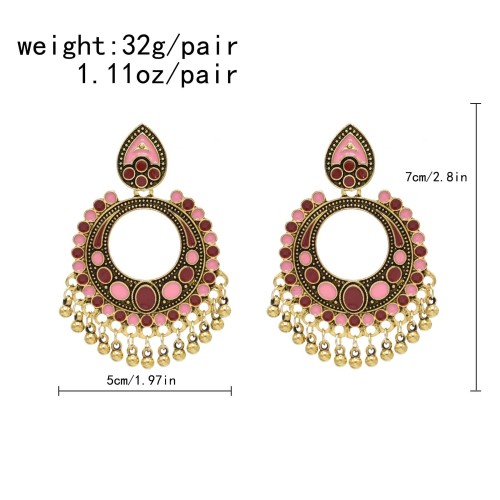 E-6718 Retro Gold Colorful Drip Oil Bell Tassel Round Indian Earrings for Women