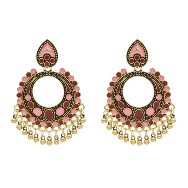 E-6718 Retro Gold Colorful Drip Oil Bell Tassel Round Indian Earrings for Women