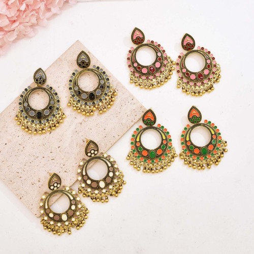 E-6718 Retro Gold Colorful Drip Oil Bell Tassel Round Indian Earrings for Women