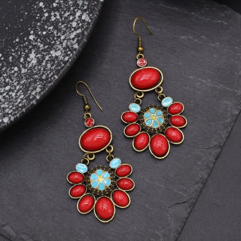S-0110 Vintage Style Red Flower Necklace Bracelet Earring Jewelry Sets
