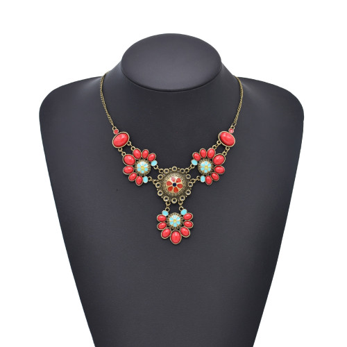 S-0110 Vintage Style Red Flower Necklace Bracelet Earring Jewelry Sets