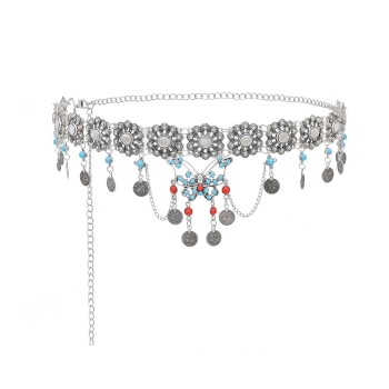 N-8299 Retro Silver Carved Flower Coins Tassel Butterfly Pendant Metal Waist Belly Chains Body Jewelry