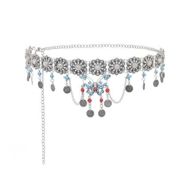 N-8299 Retro Silver Carved Flower Coins Tassel Butterfly Pendant Metal Waist Belly Chains Body Jewelry