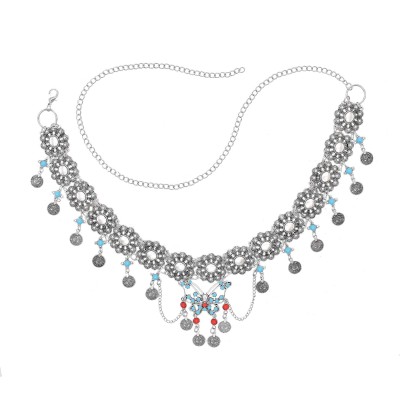 N-8299 Retro Silver Carved Flower Coins Tassel Butterfly Pendant Metal Waist Belly Chains Body Jewelry