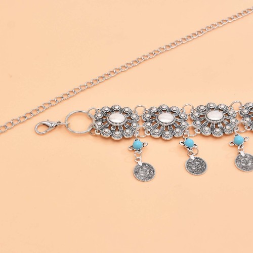 N-8299 Retro Silver Carved Flower Coins Tassel Butterfly Pendant Metal Waist Belly Chains Body Jewelry