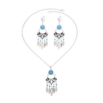 N-8300 Bohemian Vintage Silver Green Enamel Leaf Tassel Necklace Earring Set Ethnic Ornament Jewelry Set
