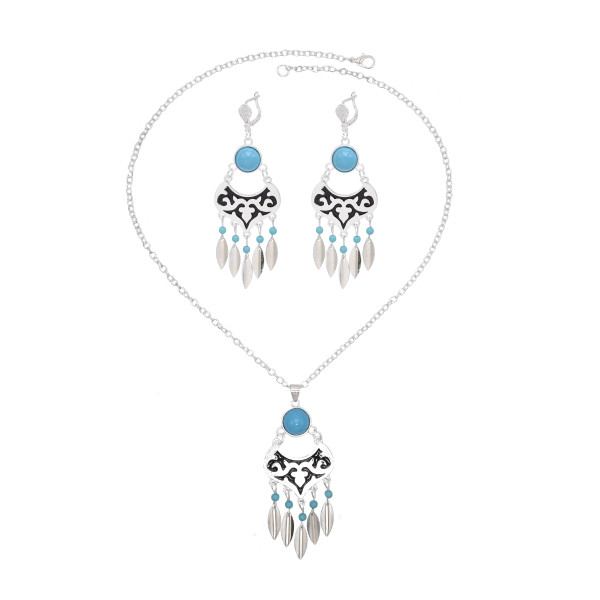 N-8300 Bohemian Vintage Silver Green Enamel Leaf Tassel Necklace Earring Set Ethnic Ornament Jewelry Set
