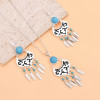 N-8300 Bohemian Vintage Silver Green Enamel Leaf Tassel Necklace Earring Set Ethnic Ornament Jewelry Set