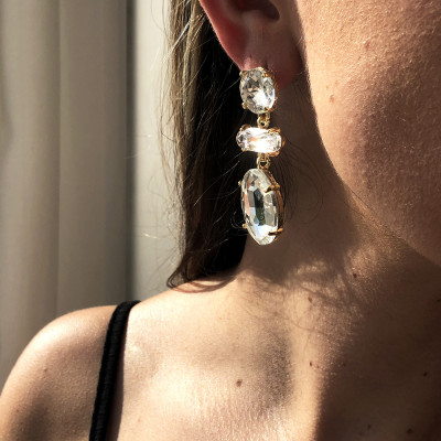 E-6726 Fashion Luxury Gold Plated Big Glass Crystal Tassel Earrings Women Dangle Earrings