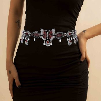 N-8309 Fashion Silver Color Chain Red Crystal Butterfly Pattern Body Waist Chains for Women