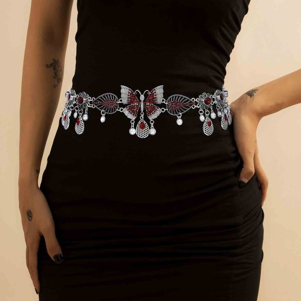 N-8309 Fashion Silver Color Chain Red Crystal Butterfly Pattern Body Waist Chains for Women