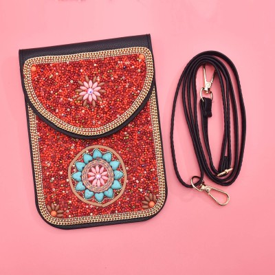 N-8315 Red Beaded Turquoise Flower Short Hand Bag Purse Cosmetic Bag for Women Girls party Accessories