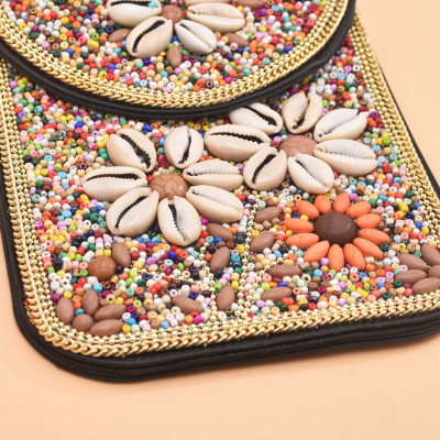 N-8322 Bohemian Brown Beaded Shell Flower Short Hand Bag Purse Cosmetic Bag for Women Girls