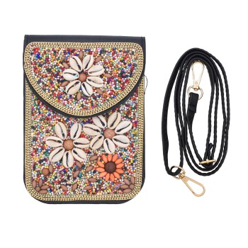 N-8322 Bohemian Brown Beaded Shell Flower Short Hand Bag Purse Cosmetic Bag for Women Girls