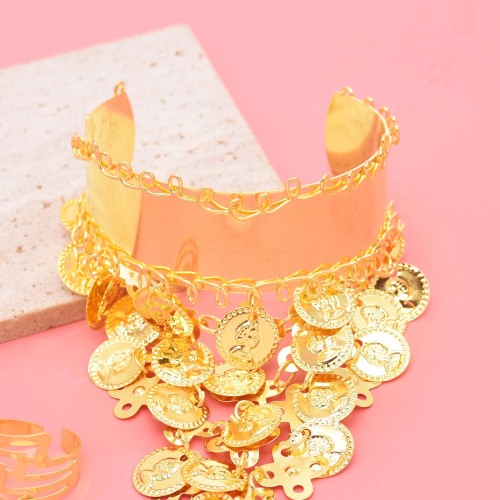 Golden Coin Long Chain Pull Finger Indian Belly Dance Bracelet for Women