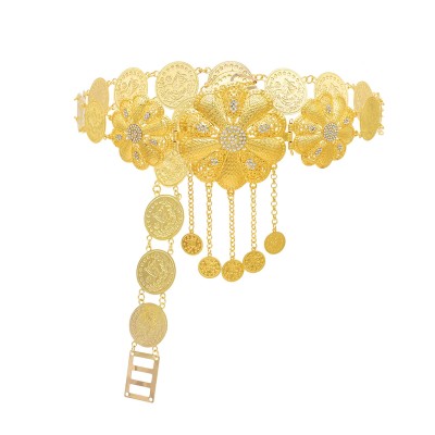 N-8340 Gold Large Flower Rhinestone Long Chain Coin Tassel Metal Belt Body Jewelry