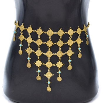N-8342 Ethnic Boho Triangle Gold Coin Pendant Metal Gold Waist Body Chain for Women