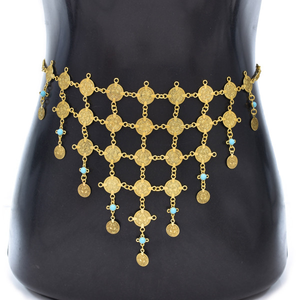 N-8342 Ethnic Boho Triangle Gold Coin Pendant Metal Gold Waist Body Chain for Women