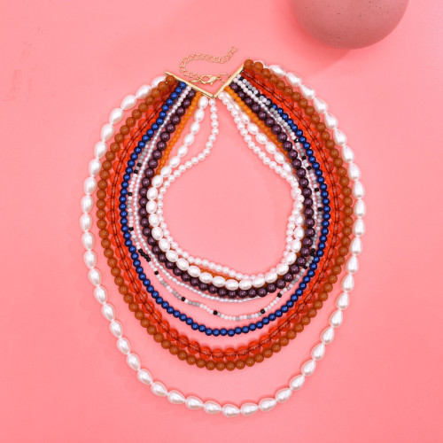 N-8345 Fashionable multi-layer rice bead pendant necklace
