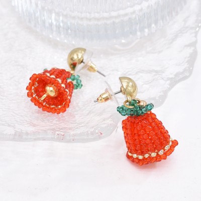 E-6735 Cute Hand Knitting Rice Beads Christmas Bell Earrings for Women Dangle Earrings