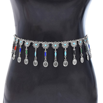 N-6945 Bohemian Silver Plated Colorful Bead Body Chain Bell Carved Hollow Out Flower Waist Belly Chain for Women Jewelry