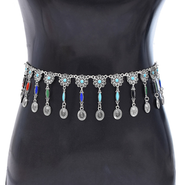 N-6945 Bohemian Silver Plated Colorful Bead Body Chain Bell Carved Hollow Out Flower Waist Belly Chain for Women Jewelry