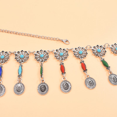 N-6945 Bohemian Silver Plated Colorful Bead Body Chain Bell Carved Hollow Out Flower Waist Belly Chain for Women Jewelry