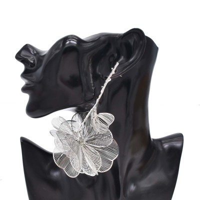 E-6742 Gold Silver 3D Alloy Hollow Flower Pendant Earrings for Women