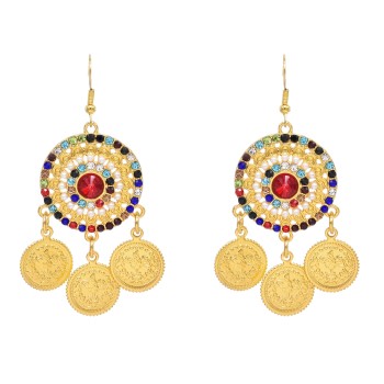 E-6743 Gold Ethnic Boho Rhinestone Alloy Coin Pendant Earrings for Girls Women