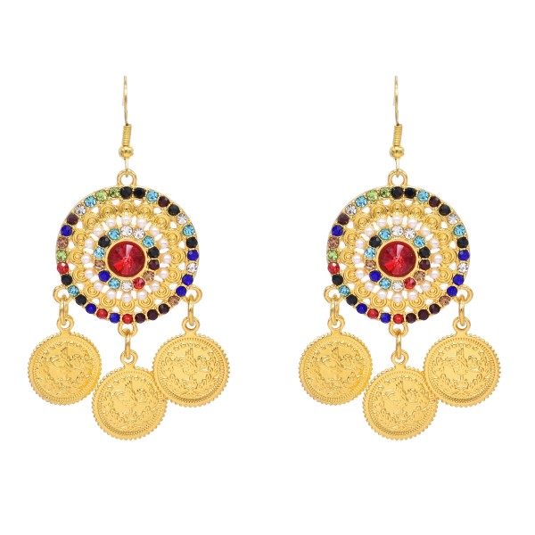 E-6743 Gold Ethnic Boho Rhinestone Alloy Coin Pendant Earrings for Girls Women