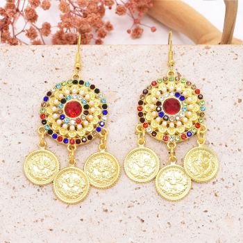 E-6743 Gold Ethnic Boho Rhinestone Alloy Coin Pendant Earrings for Girls Women