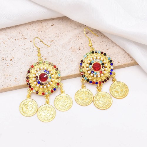 E-6743 Gold Ethnic Boho Rhinestone Alloy Coin Pendant Earrings for Girls Women