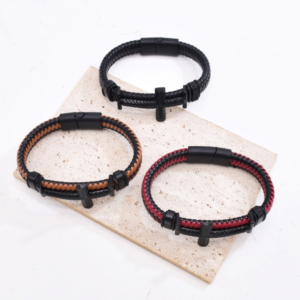 Simple Alloy Cross Knit Leather Rope Bracelet Bangle for Grils Women