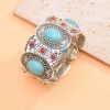 B-0497 Fashion Vintage Silver Carving Flower Turquoise Gem Stone Ethnic Boho Statement Elastic Bracelet