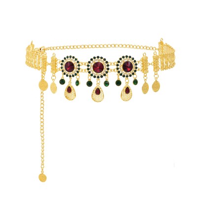N-8371 Golden Middle Eastern Ethnic Clothing Waist Chain Colorful Crystal Coin Body Jewelry